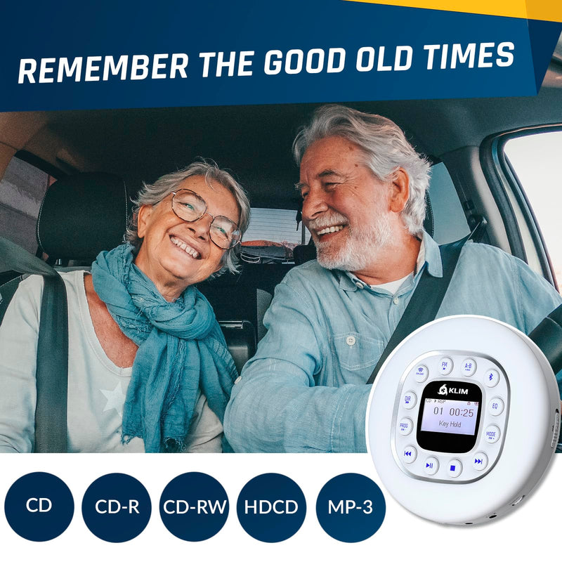 KLIM Journey + Portable CD Player Walkman with Long-Lasting Battery + New 2024 + w/Headphones + Radio FM + Compatible MP3 CD Player + SD Card, FM Transmitter, Bluetooth + Ideal for Cars - White