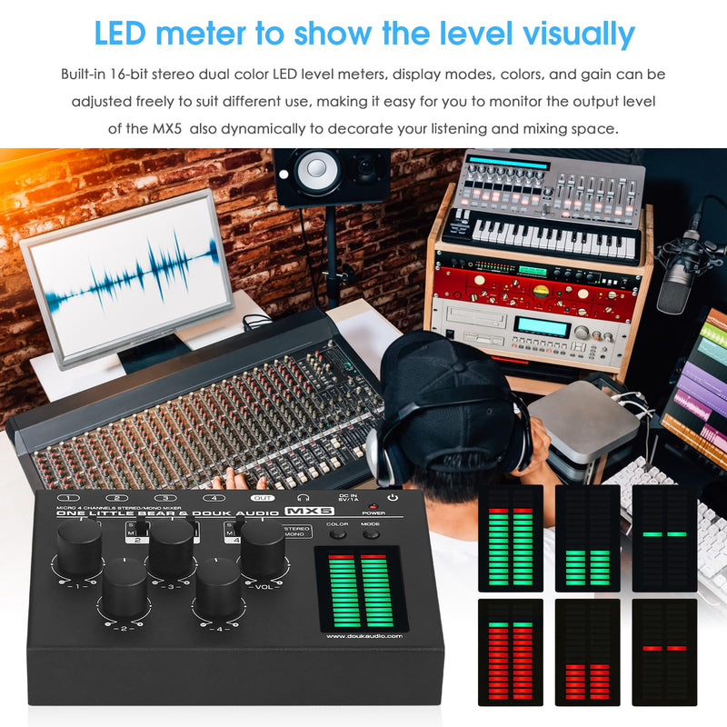 Douk Audio MX5 4 Channel Audio Mixer 4-CH Line-Mixing Mono Stereo Ultra Low-Noise LED Level Meter