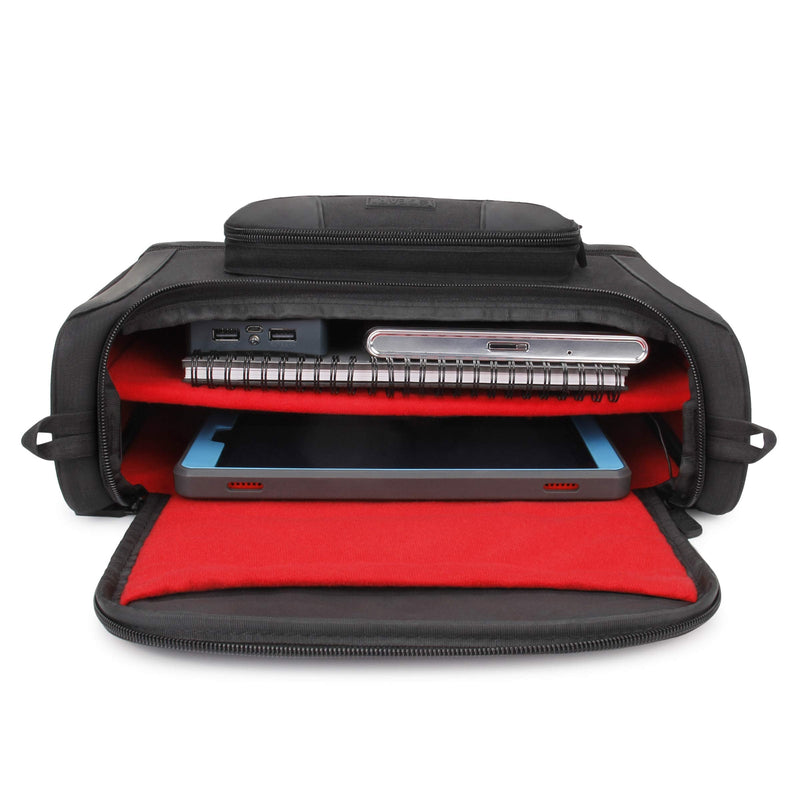 USA Gear Compact Tablet Messenger Bag Compatible with Samsung Galaxy Tab S7 11", Lenovo Tab M10 10.3", Samsung Galaxy Tab S6 Lite 10.4" - Shoulder Strap, Padded Adjustable Interior (Red) Black and Red