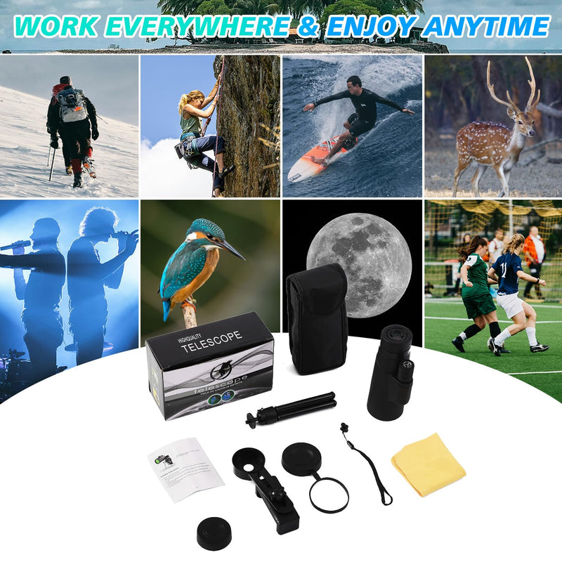 80X100 Monocular for Adults - Monocular Telescope High Definition with Smartphone Holder & Tripod, High Power Monoculars for Adults Watching Hunting Camping Hiking Travling with Zoom Focus