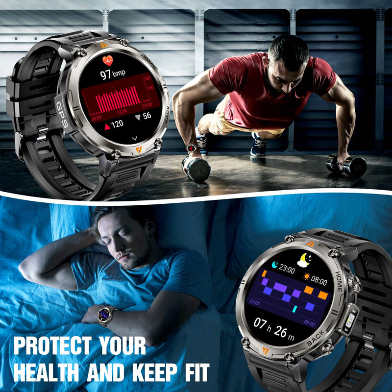 Military Smart Watches for Men Built-in GPS LED Flashlight Smartwatch | Rugged Tactical Smart Watch 3ATM Waterproof Compass Calls 530mAh Battery Fitness Tracker with HR/Sleep Monitor iOS Android KE3P Black