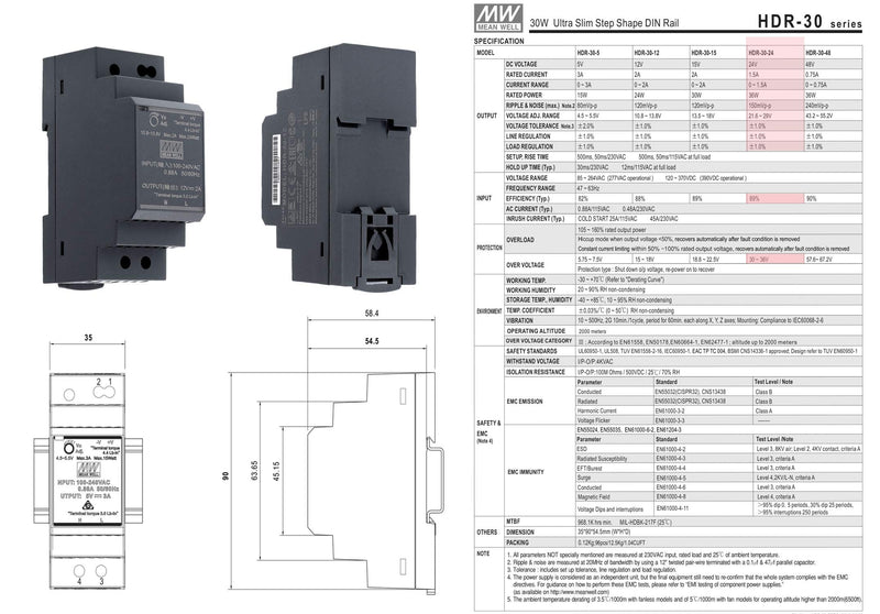 Mean Well HDR-30-24 DIN Rail Power Supply DIN-Rail 24 VDC 1.5 A 36 Watt Single