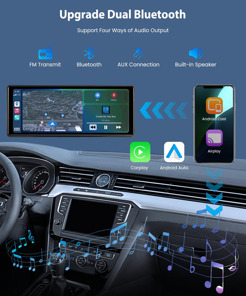 10.26” Wireless CarPlay Screen Portable Car Stereo, Upriding Wireless Android Auto Mirror Link, 1600x600 IPS Touchscreen, Voice Control, Navigation, Bluetooth, Plug n Play