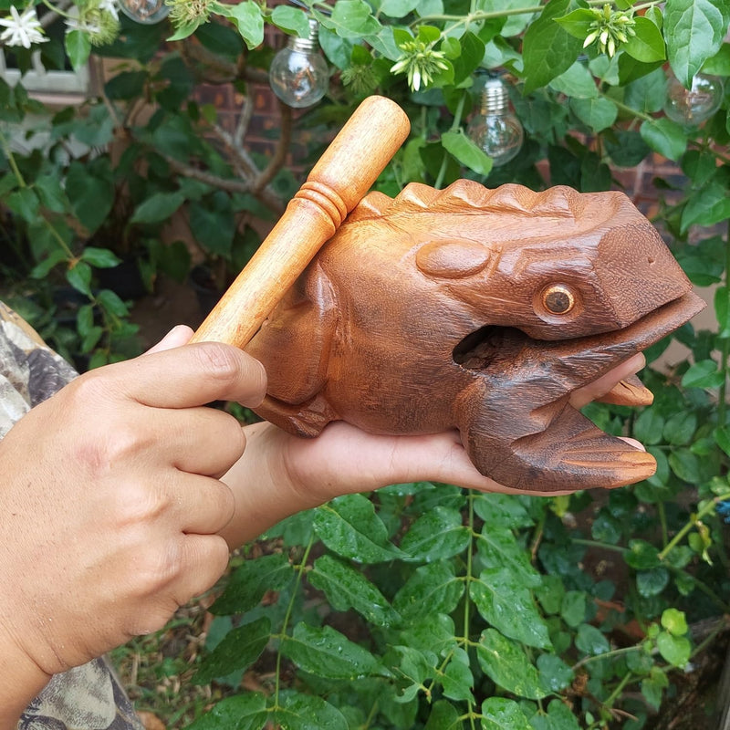 Extra Large 9" Wood Frog Guiro Rasp Percussion Instrument Tone Block Wooden Good Luck Frog Animal Shaped Figurine Handcraft Musical Instruments from Thailand Home Office Decoration (Tan) Tan