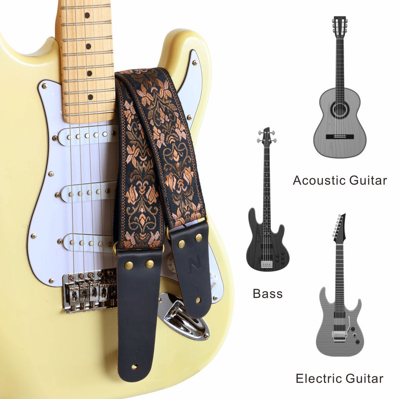Nefelibata Guitar Strap, 2" Jacquard Embroidery Guitar Straps, Full Grain Leather Ends with Hidden Pocket, for Bass, Electric and Acoustic Guitars, Strap Button, Strap Locks and Guitar Picks Retro Gold Flowers
