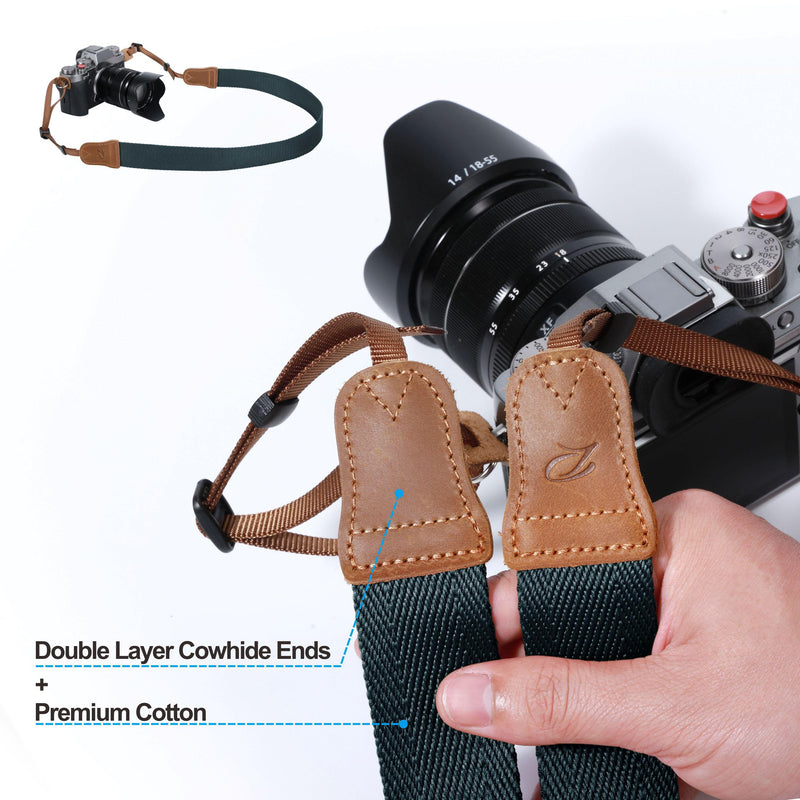 Padwa Lifestyle Dark Blue Green Camera Strap -Double Layer Crazy Horse Cowhide End,1.5" Wide Pure Cotton Woven Camera Straps,Adjustable Neck Shoulder Strap for All DSLR Cameras,Gift for Photographers A# - Dark Blue Green
