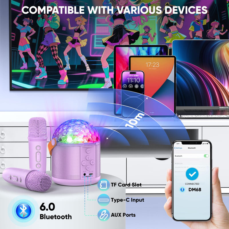Karaoke Machine with Disco LED Lights for Adults Kids, Portable Bluetooth Speaker with 2 Wireless Microphone, Christmas Birthday Gifts Toys for 3-12+ Kids Family Home Party Stocking Stuffers Purple
