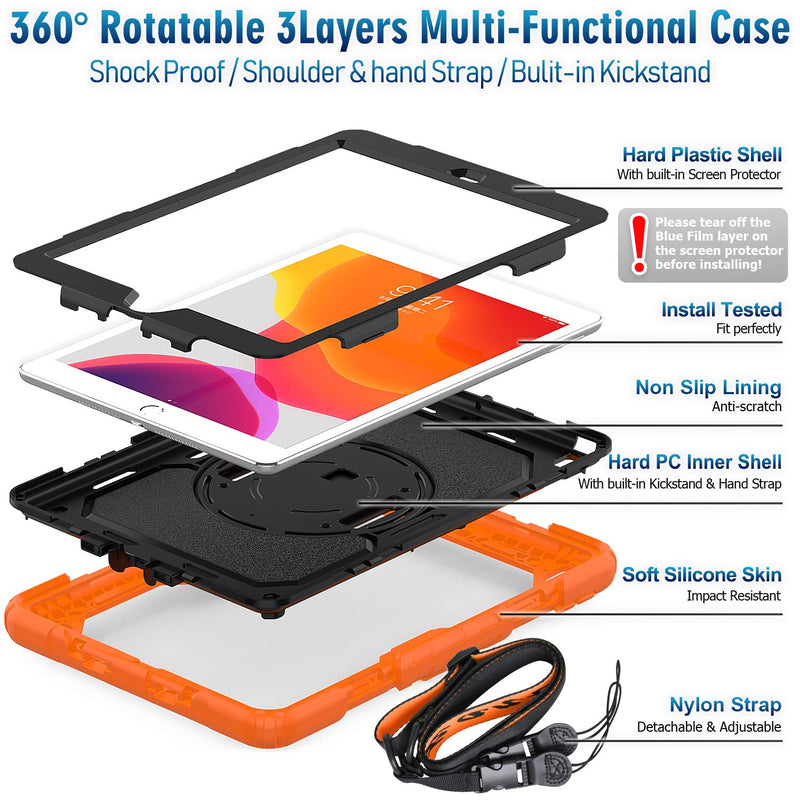 Timecity Case for iPad 9th/ 8th/ 7th Generation 10.2 inch (Case for iPad 9/8/ 7 Gen): with Strong Protection, Screen Protector, Hand/Shoulder Strap, Rotating Stand, Pencil Holder - Orange Black+Orange