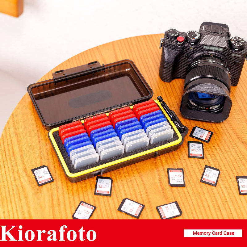 Kiorafoto SD Card Case with 36 Pack Individual Clear Plastic Memory Card Holders for 36 SD SDXC SDHC Cards,Water-Resistant Anti-Shock Anti-Dust SD Card Carrying Organizer Storage Protector with Labels for 36 SD Cards（With Box）