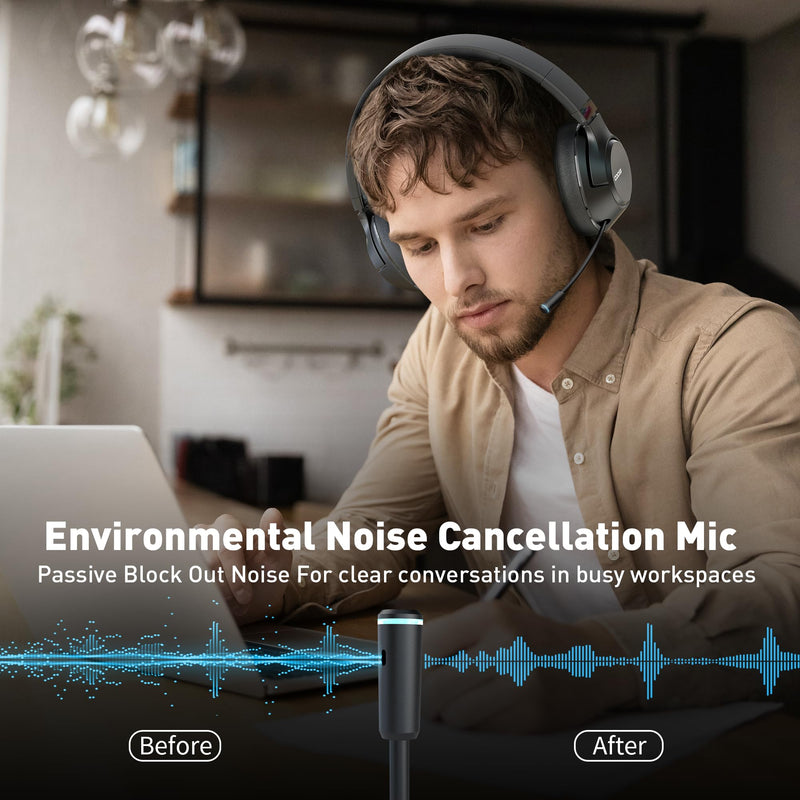H300 Wireless Headphones with Microphone,Over Ear Bluetooth Headsets, Black | USB Dongle,One-Tap Mute, Environmental Noise Cancelling Retractable Mic for Work Office Call Center Laptop Computer