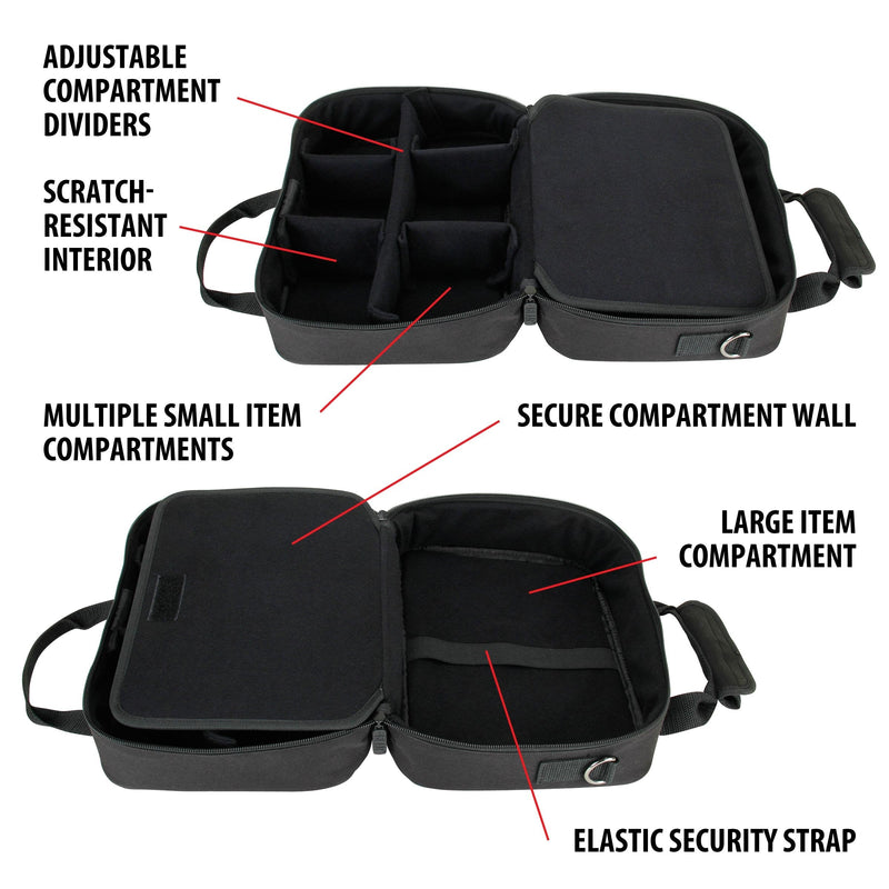 USA GEAR Podcast Equipment Case - Audio Interface Case Compatible with Focusrite Vocaster One Studio and More Studio Equipment - Customizable Interior, Shoulder Strap, and Padded Interior - Black