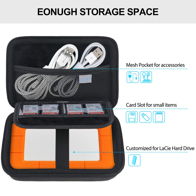 Lacdo Hard Drive Carrying Case for LaCie Rugged / Rugged Mini / Rugged Thunderbolt USB-C External Hard Drive Portable HDD LAC9000298 1TB 2TB 4TB 5TB EVA Shockproof Protective Storage Travel Bag, Black