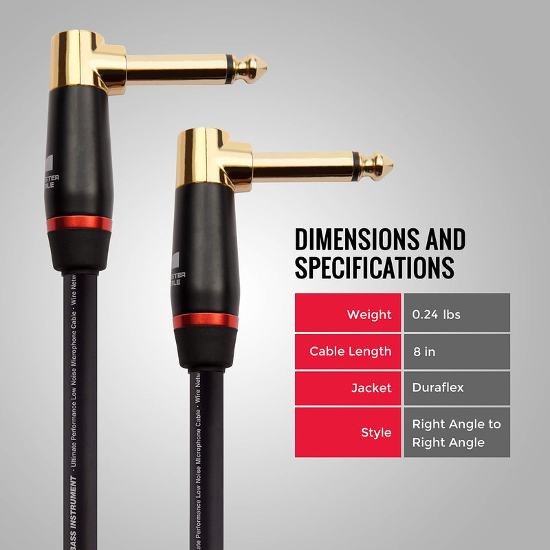 Monster Prolink Bass Guitar Cable - 8 inches Right Angle to Right Angle, 95% Copper Braided Shield 8 in