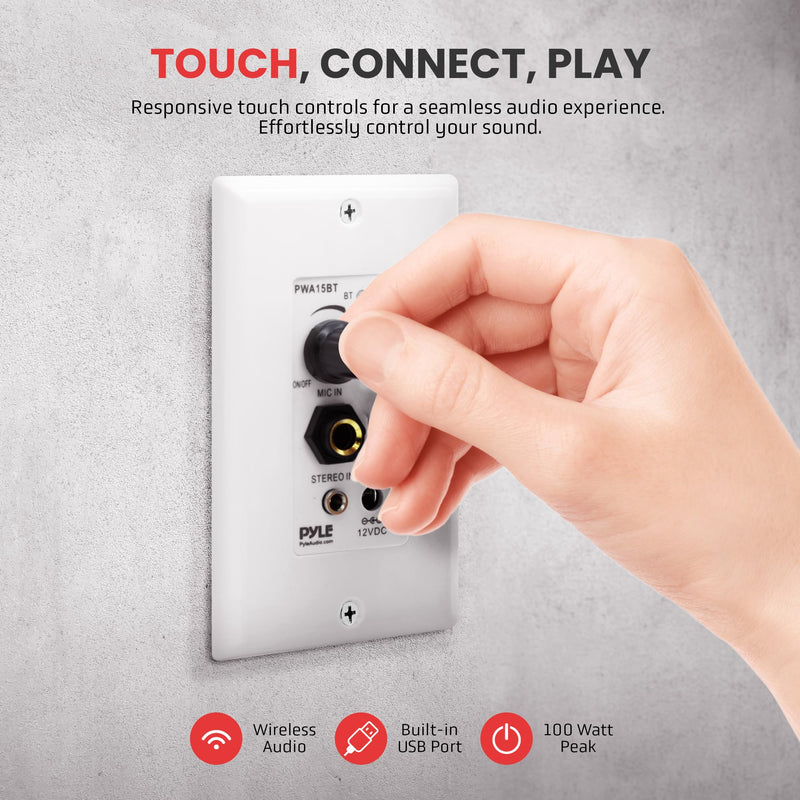 Pyle Bluetooth Receiver Wall Mount, in-Wall Audio Control with Built-in Amplifier | USB, Microphone, Aux (3.5mm) Input | Terminal Block | Connect 2 Speakers - 100 Watt (PWA15BT.5)