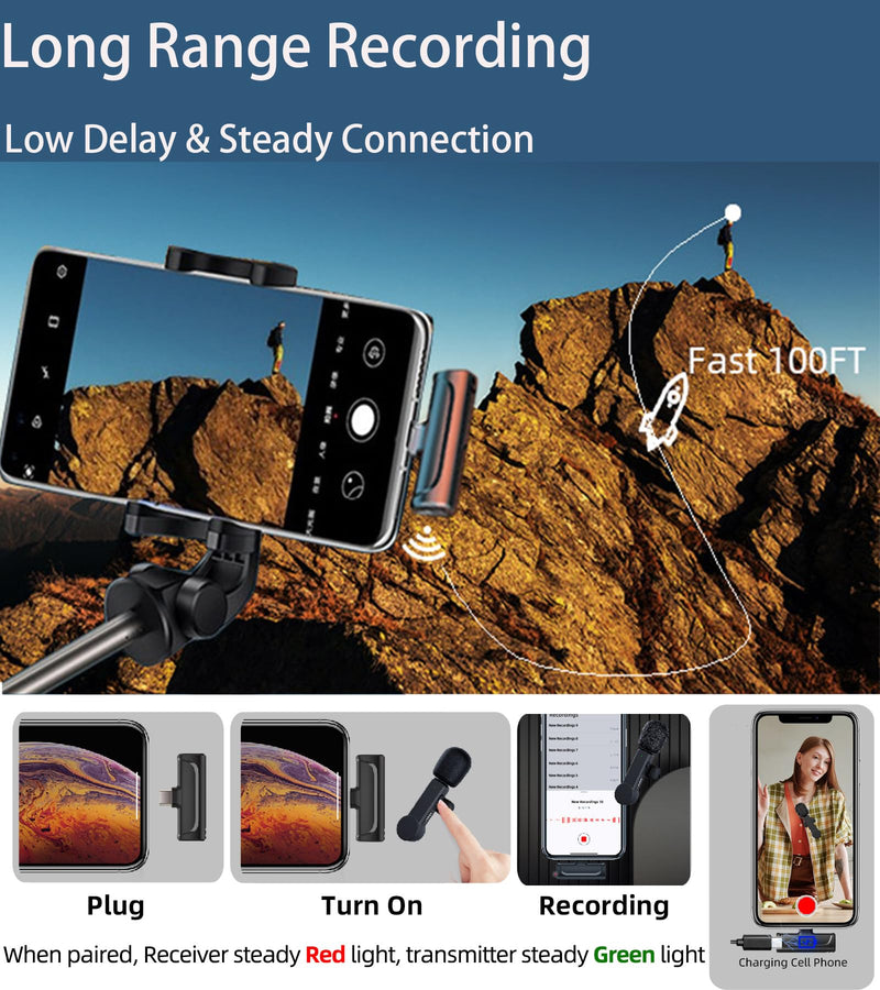 Wireless Lavalier Microphone for iPhone 15 Android iPad - Cordless USB-C Mic for Video Recording Vlog, Crystal Clear Sound, Noise Reduction USB-C Mic with Lightning Adapter