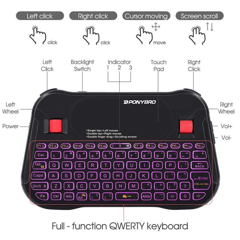 PONYBRO Backlit Mini Bluetooth Wireless Keyboard with Touchpad QWERTY keypad,Support Bluetooth＆2.4G USB Connection,Rechargeable Handheld Keyboard Remote for Smartphones,Smart TV,Android TV Box,PC,Pad.