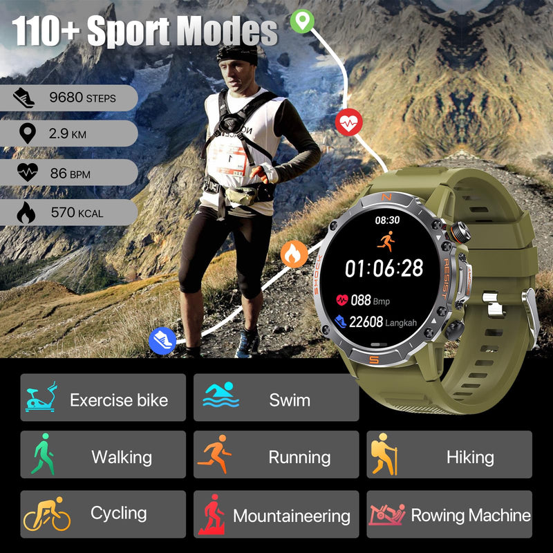 WalkerFit Smart Watch for Men- Answer/Dial Calls with 110 Sport Models, IP68 Waterproof Fitness Watch with Heart Rate Monitor, Android Smart Watch for iPhone, 1.43" AMOLED Display, Traditional Green