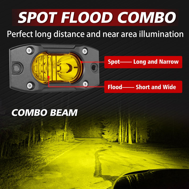 [AUSTRALIA] - Yellow LED Pods Flush Mount Spot Flood Light 2PCS 4 Inch Bumper Driving Fog Lights Reverse Backup Work Lights Flush Off Road Light Bar for Truck Pickup UTV ATV Boat 4x4 Yellow Flush 