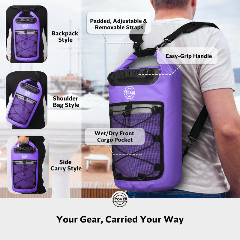 STOVER 5/10/25/30/40L Waterproof Dry Bag & Phone Case - Large Floating Dry Backpack for Kayaking, Travel, Hiking, Fishing, Camping, Motorcycles & Beach, Heavy-Duty Roll Top Men/Women (Purple) 25L+ Purple 40L
