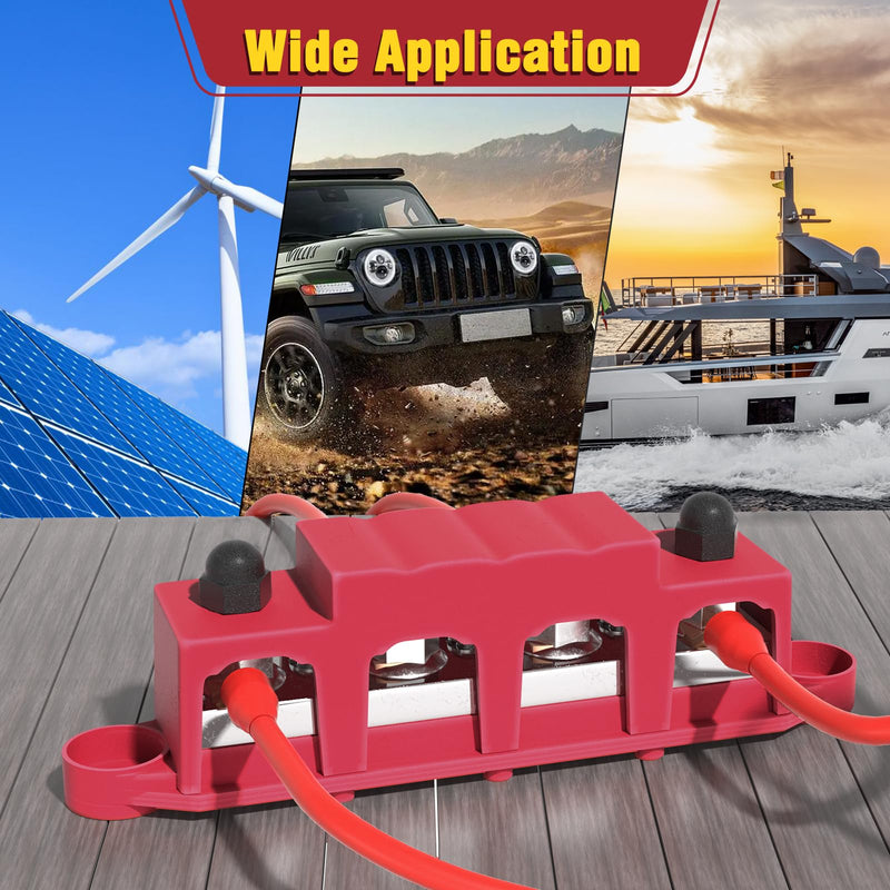 Mofeez 48V 400A Bus Bar 4 x 5/16” Post 3 x #8 Screw Terminal Power Distribution Block for Car Boat Marine (Red & Black) 4 x 5/16"