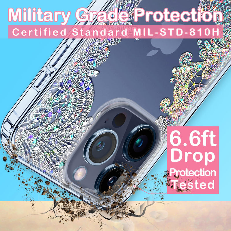 Coolwee Anti Yellowing Clear Glitter for Apple iPhone 15 Pro Max Case Floral, 6.7 inch, 6.6ft Military Grade Protective Cute Mandala Crystal Bling Lace Slim TPU with Camera & Screen Protector Clear Glitter Lace