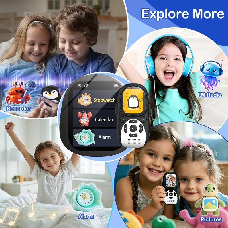 64GB Cute Penguin MP3 Player with Bluetooth 5.3 & Speaker, Portable Music Player for Kids, 2" Screen, 65-Hour Battery Life, FM Radio, Voice Recorder, Volume Limit, Supports 128GB microSD Card