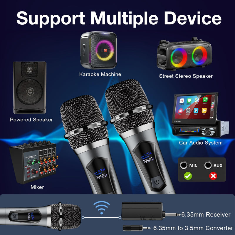 Wireless Microphone,Professional Dual Handheld Cordless Dynamic Mic System with Rechargeable Receiver,Karaoke Microphone Set for Singing, Karaoke, Wedding, DJ, Party, Speech,Church,Class Use,PA System