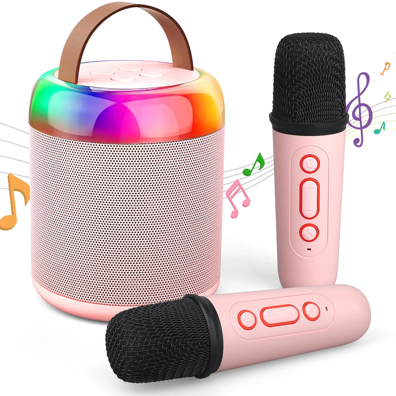 Mini Party Karaoke Machine Toy for Kids Audlts, Portable Led Karaoke Toy Speaker with 2 Wireless Microphones for Girls Boys Birthday, Holiday Stocking Stuffer Party Favors Supplies PINK