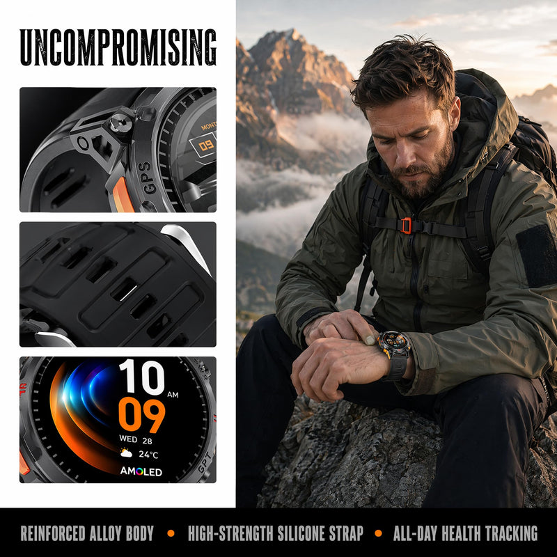 GPS Military Smart Watches for Men, 1.56" AMOLED Screen Bluetooth Call, Smartwatch for Android Phones and iPhone, 100+ Sport Modes, 3ATM Waterproof Smart Watch with Compass