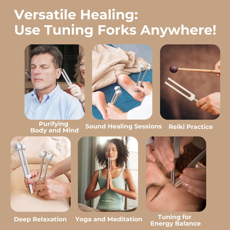 Tuning Forks for Healing Set (128Hz, 136.1Hz, 256Hz, 384Hz) - Weighted & Unweighted Tuning Forks with a Rubber Mallet - Chakra Sound Therapy Instruments with a Bag, Healing Gifts for Women & Men (10) 10