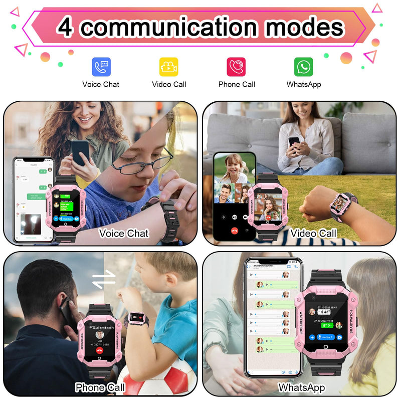 4G GPS Smart Watch for Kids with SIM Card, 1.4" Touch Screen Kids Smartwatch for Boys Girls Gift, Phone Watch with Video Calls/Voice Chat/Camera/Music/Alarm/SOS/Pedometer(T-Pink) Pink
