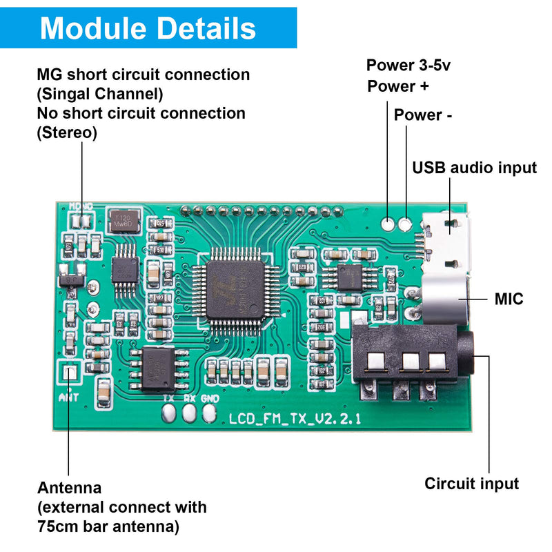 [AUSTRALIA] - 2 Pieces Digital FM Transmitter Module Stereo FM Transmitter DSP PLL 76.0-108.0MHz Stereo Frequency Modulation with LCD Display Line/USB/Mic Input, DC 3.0V - 5.0V 