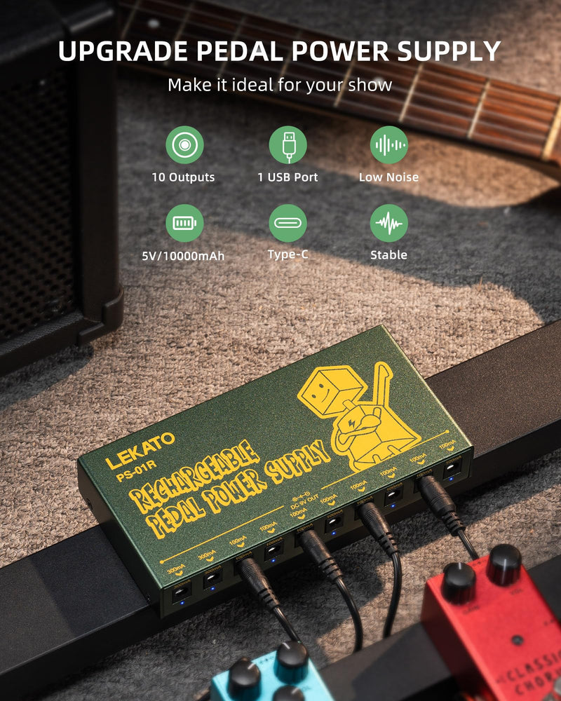 LEKATO Built-in 10000mAh Rechargeable Battery Guitar Pedal Power Supply, 10 Isolated DC Outputs, 9V 300mA, 100mA Effect Pedal Boards Power Supply, 5V/1A USB Port, Short Circuit Protection, PS-01R