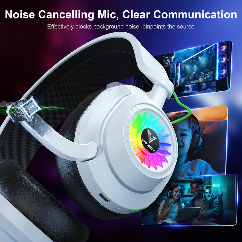 [AUSTRALIA] - Vakedy HW10 Wireless Gaming Headset for PS5, PS4, PC, Switch, Mac, 2.4GHz Wireless Gaming Headphone with Flip Noise Canceling Mic, 50H Battery, 50mm Drivers, RGB Lights (White/Black) White/Black 