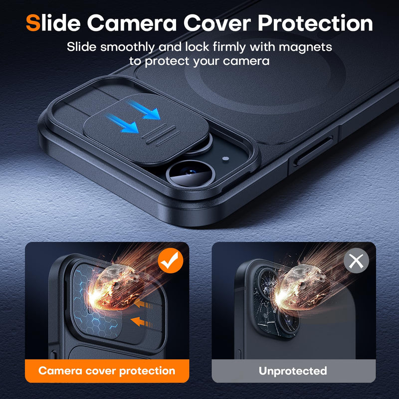L K Magnetic for iPhone 15 Case, [Adjustable Lens Kickstand], Upgraded [Slide Camera Cover], Compatible with Magsafe, 15FT Military Grade Drop Protection, Anti-Slip Slim Case for iPhone 15, Black