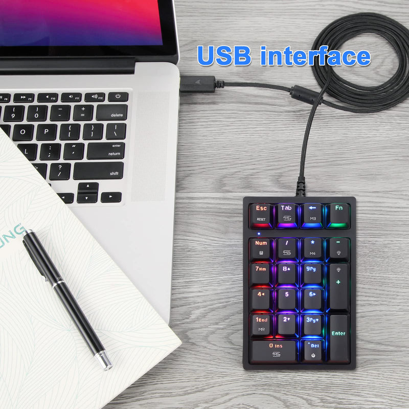 Motospeed Macro Mechanical Numeric Keypad USB Wired 21 Keys Mini Numpad Portable Keypad RGB Backlight Gaming Keypad Extended Layout for Cashier(Fully Programmable Keys) Blue Switch