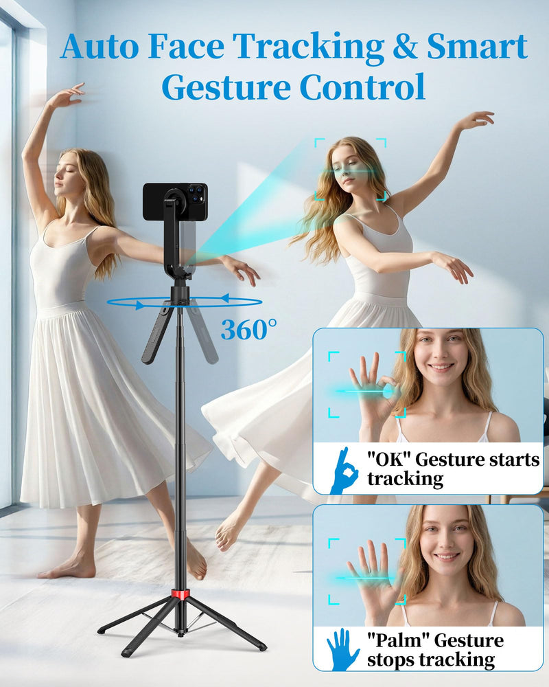 PlusAcc Auto Face Tracking Tripod for iPhone with Rechargeable Remote, 72" | Selfie Stick Mount for MagSafe, 360°Rotation Extendable Travel Stand, Compatible with iPhone, Camera, Video Recording 72"