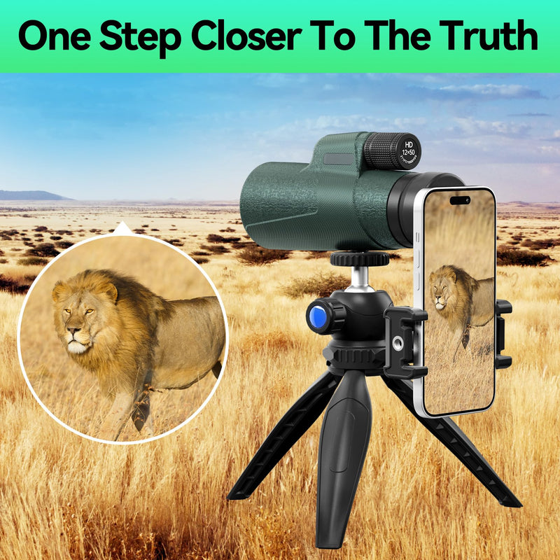 12x50 HD Monocular for Adults High Powered with BAK4 Prism & FMC Lens,Lightweight with Smartphone Adapter, High Powered Monocular with Clear Low Light Vision for Star Watching, Bird Watching, Hiking Green