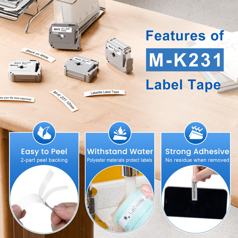 [AUSTRALIA] - Labelife M-K231 Label Tape Replace for Brother P Touch M Tape M-K231S M231 MK231 M-231 12mm 0.47 Inch for Brother PTouch PT-M95 PT-65 PT-80 PT-70 PT-45 PT-90 Label Makers, Black on White, 4 Pack 