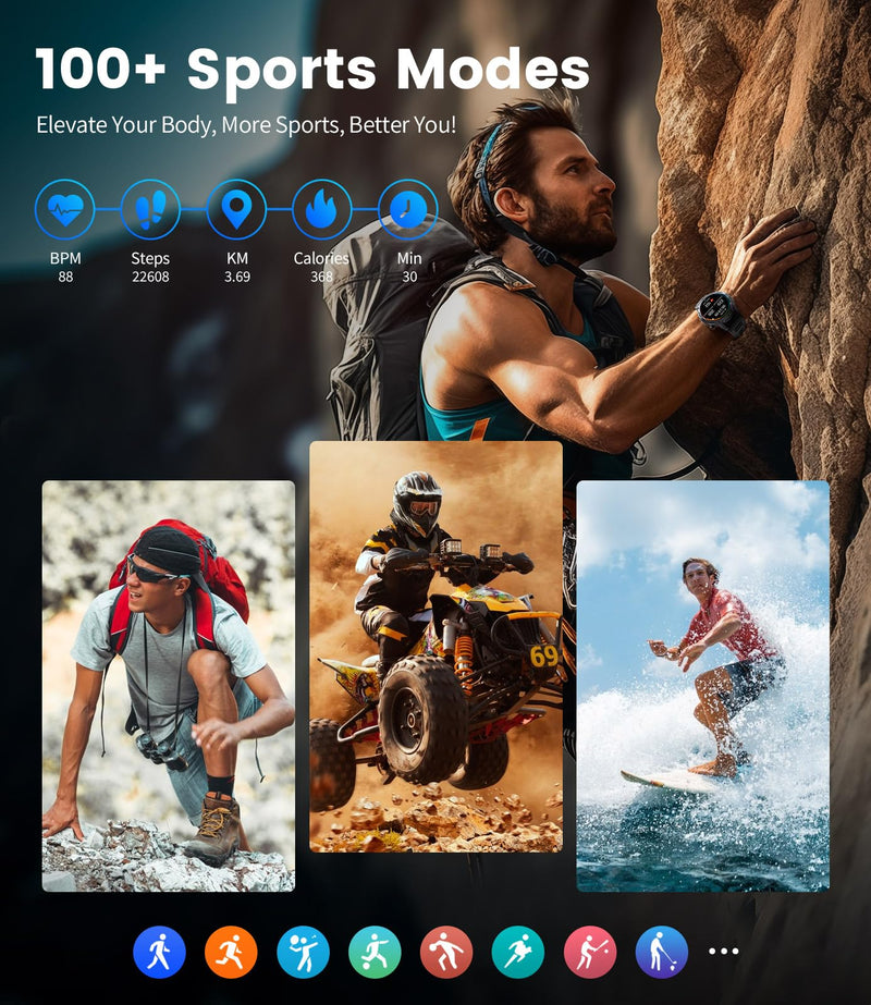 Military Smart Watch for Men, 1.43'' AMOLED Rugged Smart Watch with 600mAh Battery/Heart Rate/Blood Pressure/Sleep Monitor,IP68 Waterproof Fitness Tracker Watch for Android iPhone Black