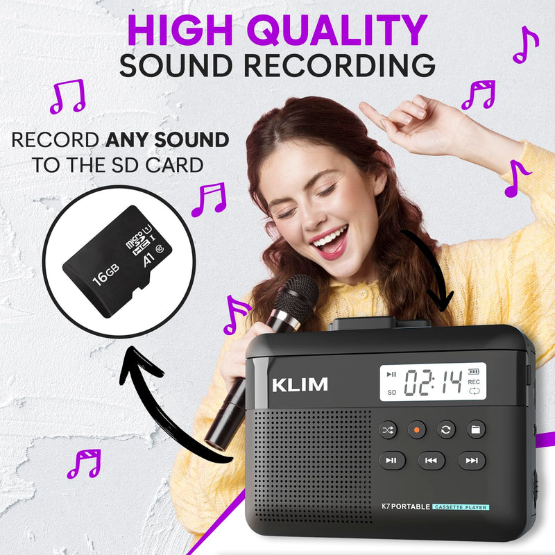 [AUSTRALIA] - KLIM K7 Cassette Tape Player with Fusion Earphones - Cassette to MP3 Converter - Portable - Built-in Microphone & Speaker - Rechargeable Battery - Earphones - 16GB SD Card - Black Black- Fusion White 