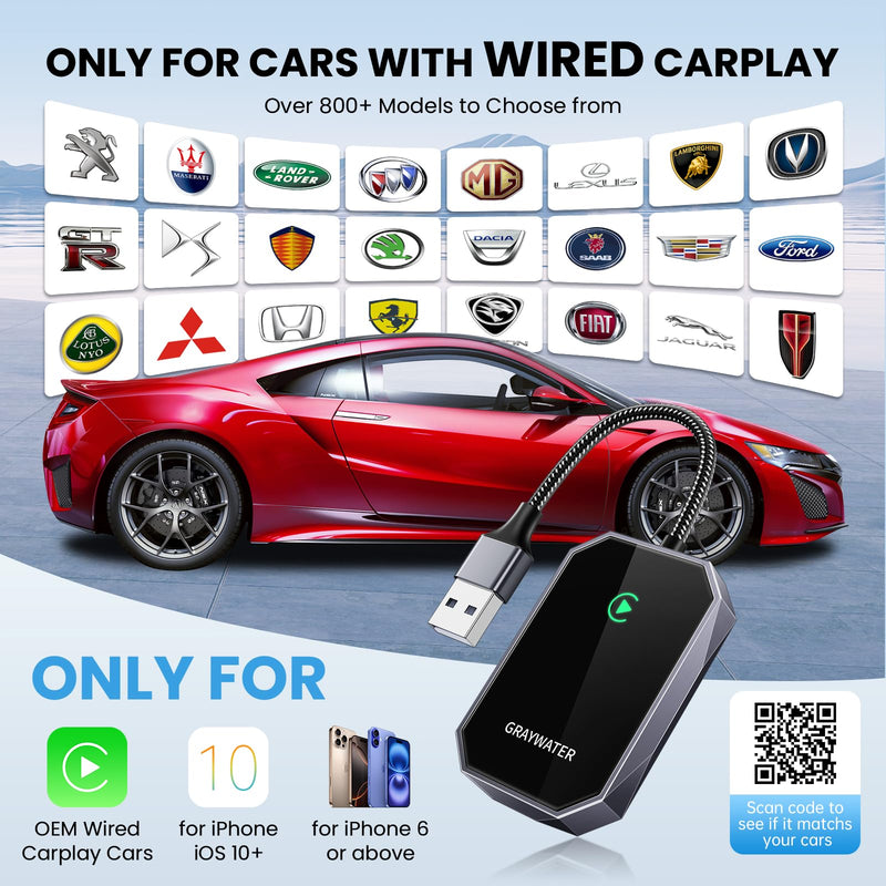 GRAYWATER Wireless CarPlay Adapter,Convert OEM Wired to Wireless Car Play Dongle Fit for Cars 2015+ & for Apple iPhone iOS 10+,Innovative Seamless Control Plug & Play（Space Silver） Space Silver
