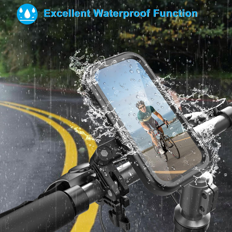 Bike Phone Holder Waterproof, Motorcycle Phone Mount, iPhone Bike Handlebar Mount, Double 360°Rotations, Compatibility with 18-35mm Handlebar and Suitable for 4.7-6.8 inch Smartphones