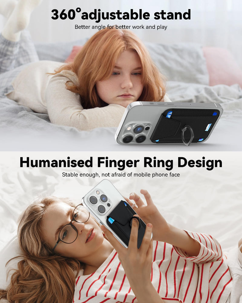 3-in-1 Magnetic Wallet with Phone Ring Stand, Compatible with Mag-Safe Wallet, Magnetic Privacy Flap, Phone Wallet with Phone Ring for iPhone 15/14/13/12 Series, 7 Cards Holder (Black) Black