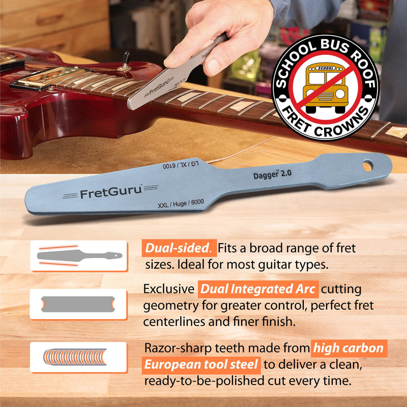 FretGuru Guitar Fret Crowning File - Dual Sided Dagger 2.0 - LG/XL and XXL/HUGE - Ideal for Frets between .095" to .118" wide - Professional Luthier Tool for Electric and Bass Guitars Dagger 2.0 XXL