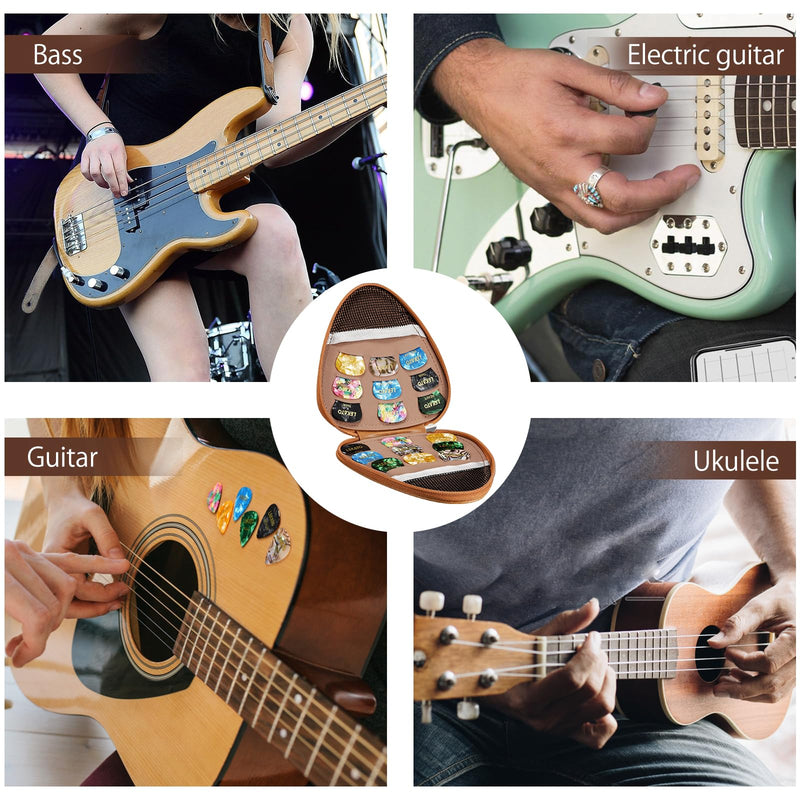 LEKATO Guitar Picks Holder Case with 18 Pcs Picks, PU Leather Organizer Bag with Lanyard, Thin Medium Heavy Plectrums Holder Accessories for Acoustic Electric Guitar Bass, Gift for Guitar Players Brown