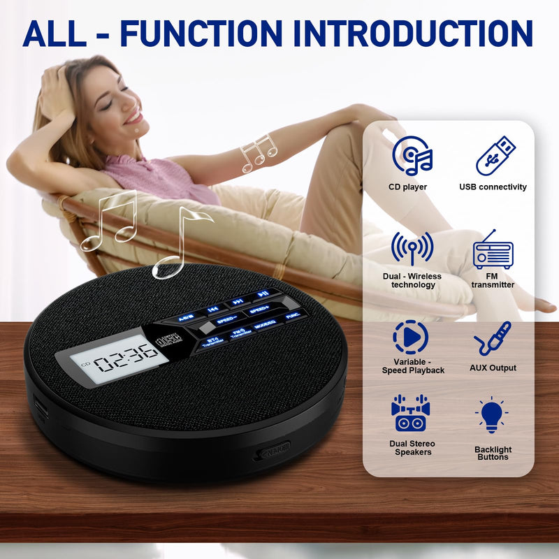 [AUSTRALIA] - Portable CD Player with Dual Bluetooth, Discman for Car with FM Transmitter, Rechargeable, Dual Speakers and Anti Skip,USB,AUX,LCD Display,Backlit Button,Repeat,10 Speeds Black 