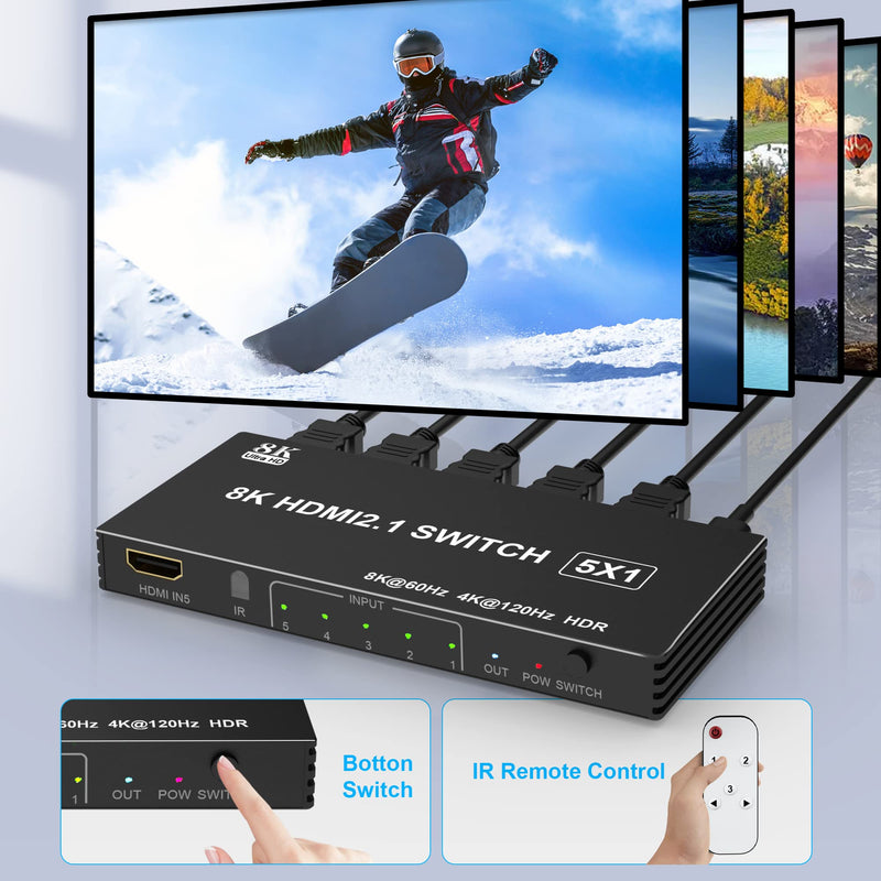 [AUSTRALIA] - 8K HDMI Switch 5 in 1 Out HDMI Splitter - 8K@60Hz/4K@120Hz HDMI Switcher 5 Port with IR Remote for Xbox PS4 PC TV 