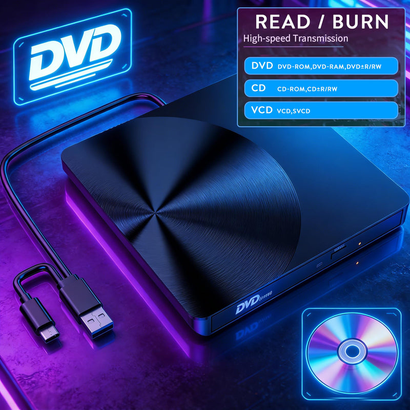 [AUSTRALIA] - Portable External CD/DVD Drive, USB 3.0 & USB C CD Burner +/-RW RW Burner CD ROM Reader Writer Disk Duplicator Optical Drive for Laptop Desktop PC Windows 11/10/8/7 Apple Mac Pro MacBook Mac Linux 