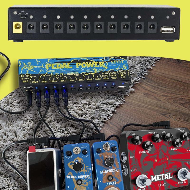 Guitar Power Supply 10 Isolated DC Output for 9V/12V/18V Effect Pedal,Guitar Power Supply for Effect Pedal with Separate Short-Circuit Protection Black
